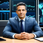 A professional male financial advisor, mid-career, with a warm, approachable expression, wearing a tailored business suit, fully clothed, and professional dress. He is seated across a modern desk from a client, actively listening and gesturing thoughtfully with well-formed hands. The contemporary office background includes a subtle, sleek digital display showing abstract financial data visualizations. The lighting is soft and professional. perfect anatomy, correct proportions, natural pose, proper finger count, natural body proportions, high-quality, professional photography, appropriate attire, modest clothing, safe for work, family-friendly content.