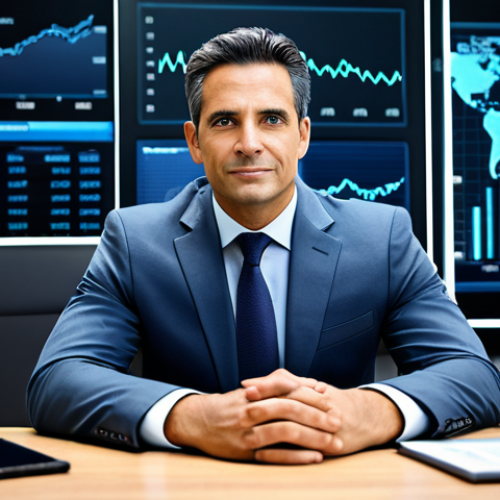 A professional male financial advisor, mid-career, with a warm, approachable expression, wearing a tailored business suit, fully clothed, and professional dress. He is seated across a modern desk from a client, actively listening and gesturing thoughtfully with well-formed hands. The contemporary office background includes a subtle, sleek digital display showing abstract financial data visualizations. The lighting is soft and professional. perfect anatomy, correct proportions, natural pose, proper finger count, natural body proportions, high-quality, professional photography, appropriate attire, modest clothing, safe for work, family-friendly content.