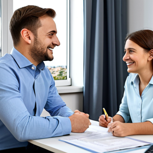 Home 19 First-Time Homebuyer Consultation**
Prompt: A friendly financial advisor, fully clothed in professional attire, sits across a desk from a young couple in modest clothing. They are in a bright, modern office discussing documents related to buying their first home in France. Focus on positive expressions and a sense of hope. Safe for work, appropriate content, perfect anatomy, natural proportions, family-friendly, professional. In the background, a subtle Eiffel Tower graphic is visible.
**