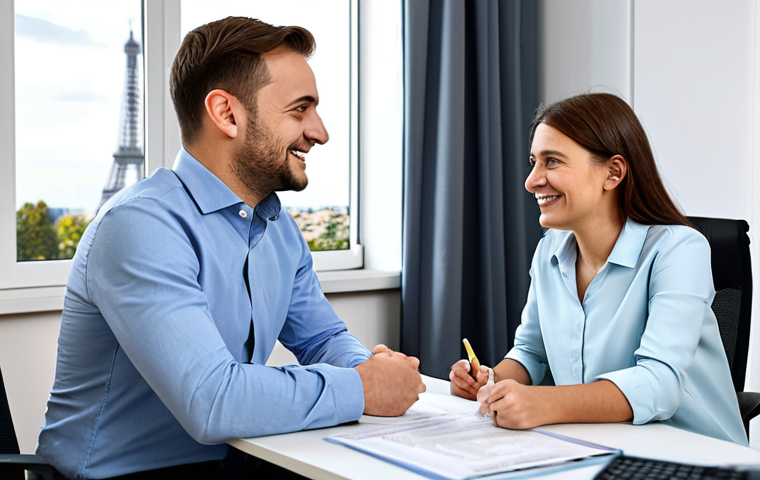 First-Time Homebuyer Consultation**
Prompt: A friendly financial advisor, fully clothed in professional attire, sits across a desk from a young couple in modest clothing. They are in a bright, modern office discussing documents related to buying their first home in France. Focus on positive expressions and a sense of hope. Safe for work, appropriate content, perfect anatomy, natural proportions, family-friendly, professional. In the background, a subtle Eiffel Tower graphic is visible.
**