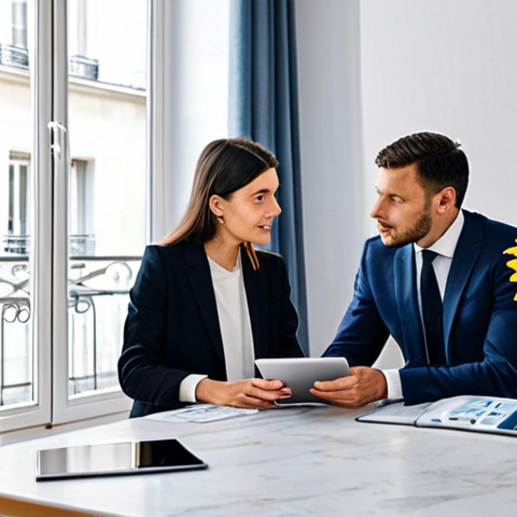 **

"A financial advisor, fully clothed in professional attire, consulting with a young couple in a bright, modern Parisian apartment. The advisor is explaining investment options using a tablet displaying charts in euros.  A vase of sunflowers sits on a nearby table.  Safe for work, appropriate content, perfect anatomy, natural pose, professional, family-friendly, high quality."

**