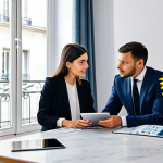 **

"A financial advisor, fully clothed in professional attire, consulting with a young couple in a bright, modern Parisian apartment. The advisor is explaining investment options using a tablet displaying charts in euros.  A vase of sunflowers sits on a nearby table.  Safe for work, appropriate content, perfect anatomy, natural pose, professional, family-friendly, high quality."

**