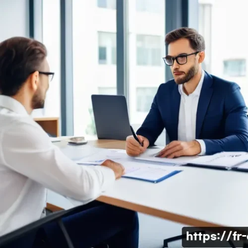 Home 33 재무설계사의 대고객 커뮤니케이션 전략 - A professional financial advisor sitting at a modern office desk with a French client, engaging in a...