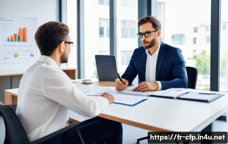 재무설계사의 대고객 커뮤니케이션 전략 - A professional financial advisor sitting at a modern office desk with a French client, engaging in a...
