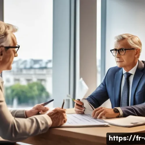 Home 31 재무설계사의 성공적인 사례 연구 - A professional financial advisor in a modern French office setting, attentively listening to a middl...