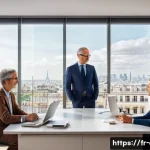 Home 23 CFP 시험에서 자주 출제되는 케이스 스터디 - A modern French financial advisor’s office scene featuring a diverse group of clients: a young singl...
