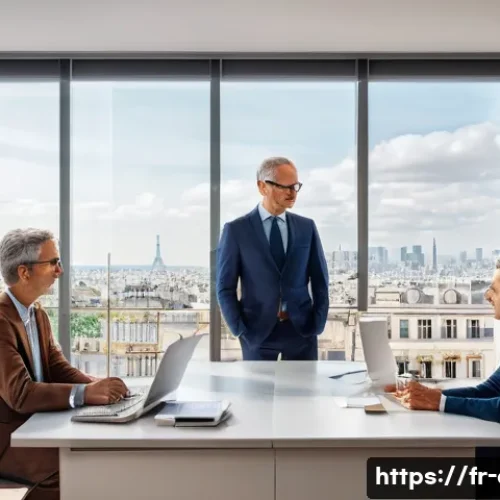Home 17 CFP 시험에서 자주 출제되는 케이스 스터디 - A modern French financial advisor’s office scene featuring a diverse group of clients: a young singl...