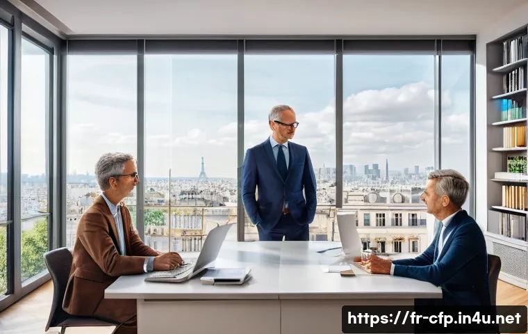 CFP 시험에서 자주 출제되는 케이스 스터디 - A modern French financial advisor&rsquo;s office scene featuring a diverse group of clients: a young singl...