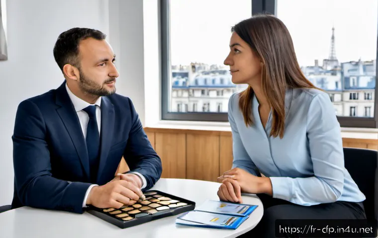 재무설계사가 알아야 할 투자 심리학 - Photorealistic financial advisor in a bright Paris office, calmly discussing investment psychology w...