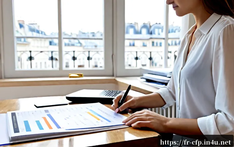 Home 17 CFP 시험 합격자의 공부 비법 - Photorealistic French financial planning certification exam success study scene, confident young adu...